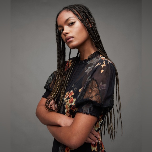 NWT AllSaints SLaverna Stargazer Floral Print Dress In Black - Picture 2 of 4